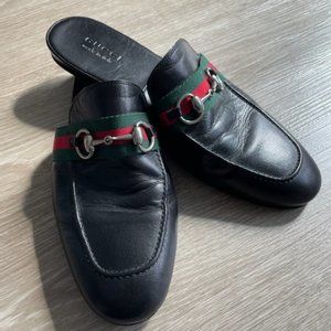 Gucci Black Leather Web Horsebit Slip ons Mens Size: 8